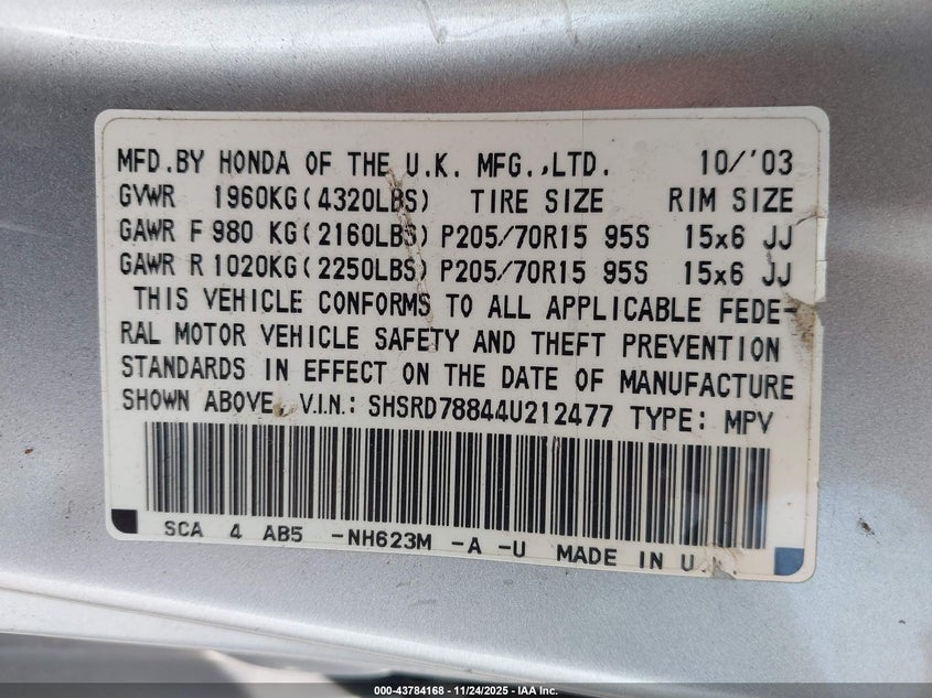 2004 Honda Cr-V Ex VIN: SHSRD78844U212477 Lot: 43784168