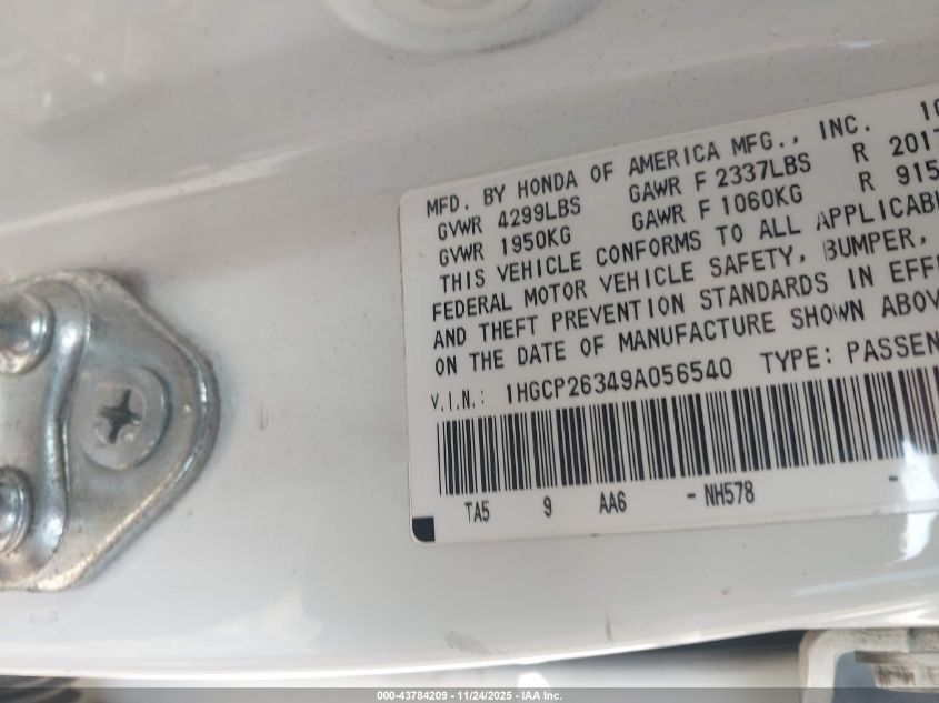 2009 Honda Accord 2.4 Lx VIN: 1HGCP26349A056540 Lot: 43784209