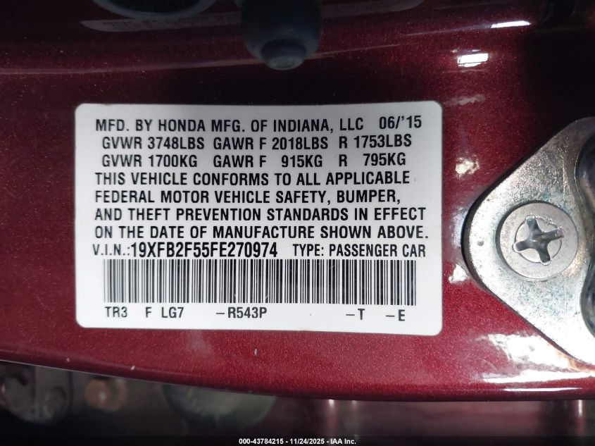 2015 Honda Civic Lx VIN: 19XFB2F55FE270974 Lot: 43784215