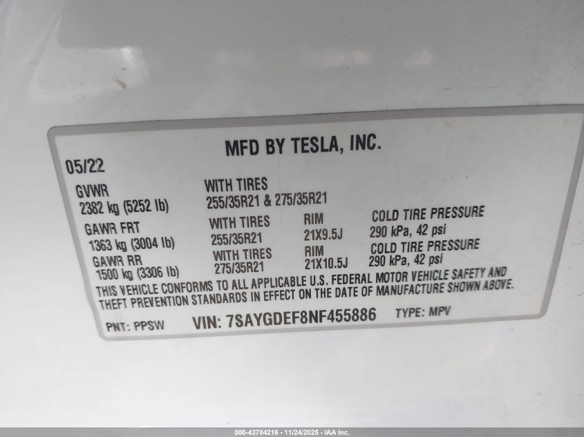 2022 Tesla Model Y Performance Dual Motor All-Wheel Drive VIN: 7SAYGDEF8NF455886 Lot: 43784216
