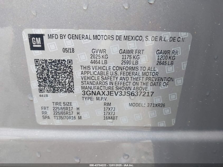 2018 Chevrolet Equinox Lt VIN: 3GNAXJEV3JS637217 Lot: 43784223