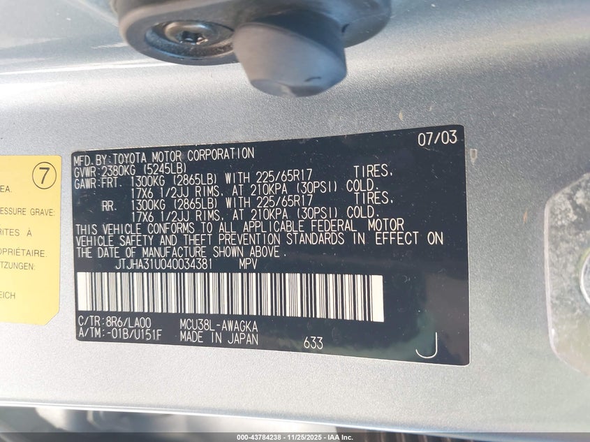 2004 Lexus Rx 330 VIN: JTJHA31U040034381 Lot: 43784238