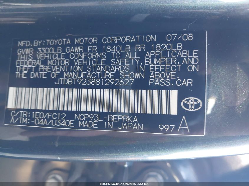 2008 Toyota Yaris VIN: JTDBT923881292627 Lot: 43784242