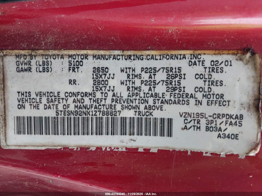 2001 Toyota Tacoma Prerunner V6 VIN: 5TESN92NX1Z788827 Lot: 43784245