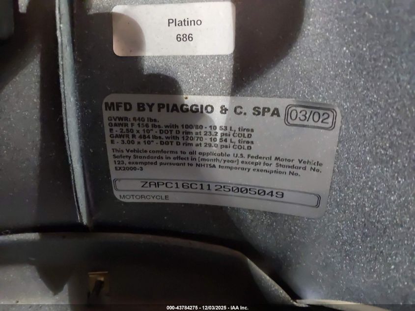 2002 Vespa C161C VIN: ZAPC16C1125005049 Lot: 43784275