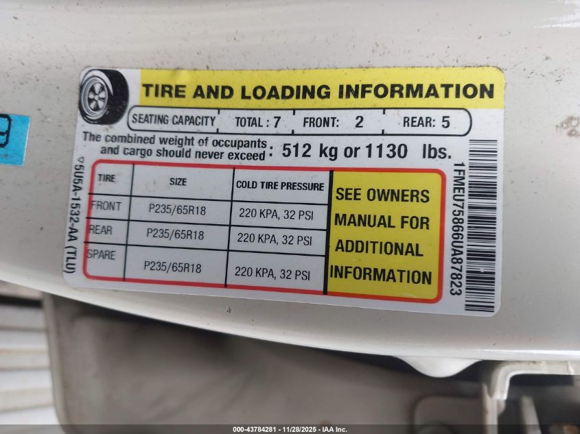 2006 Ford Explorer Limited VIN: 1FMEU75866UA87823 Lot: 43784281