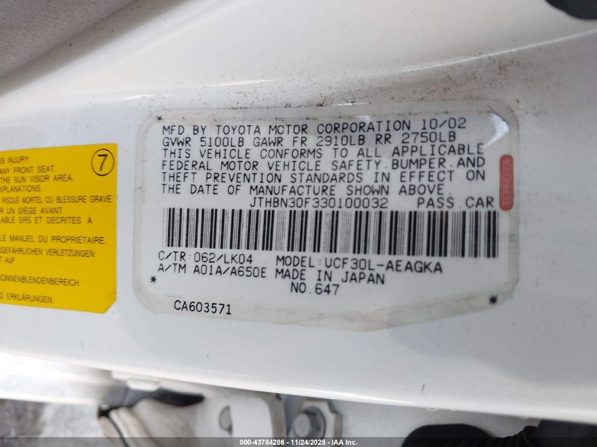 2003 Lexus Ls 430 VIN: JTHBN30F330100032 Lot: 43784286