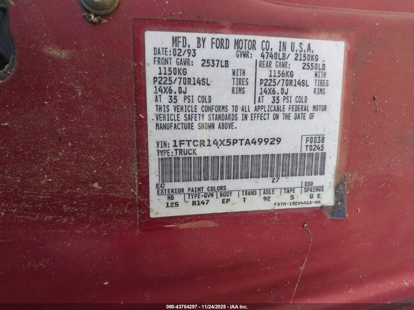 1993 Ford Ranger Super Cab VIN: 1FTCR14X5PTA49929 Lot: 43784297