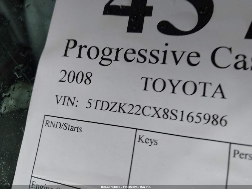 2008 Toyota Sienna Xle VIN: 5TDZK22CX8S165986 Lot: 43784302