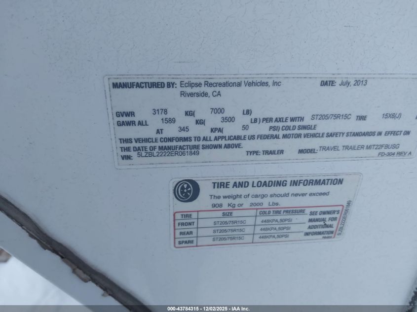 2014 Eclipse Milan Lite VIN: 5LZBL2222ER061849 Lot: 43784315