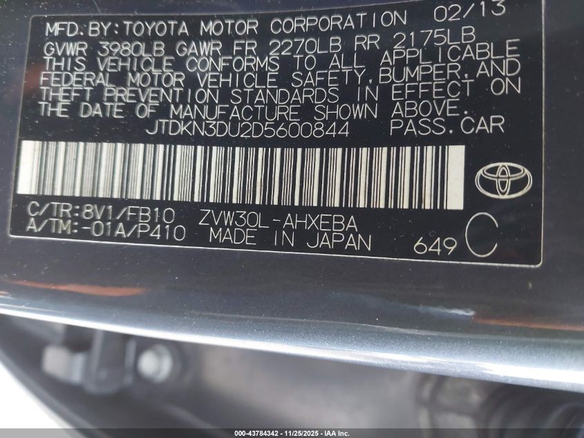 2013 Toyota Prius Two VIN: JTDKN3DU2D5600844 Lot: 43784342