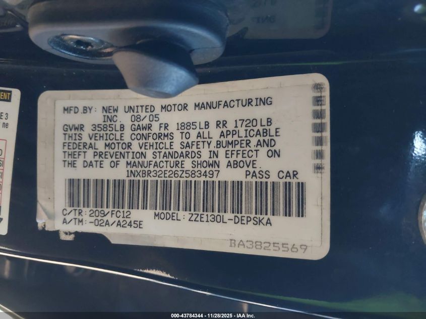 2006 Toyota Corolla S VIN: 1NXBR32E26Z583497 Lot: 43784344