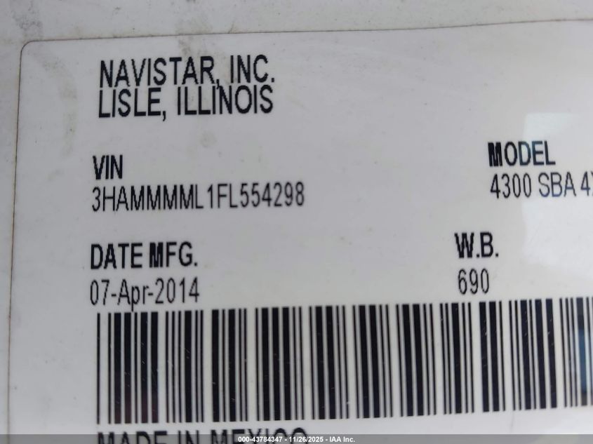 2015 International 4000 4300 VIN: 3HAMMMML1FL554298 Lot: 43784347