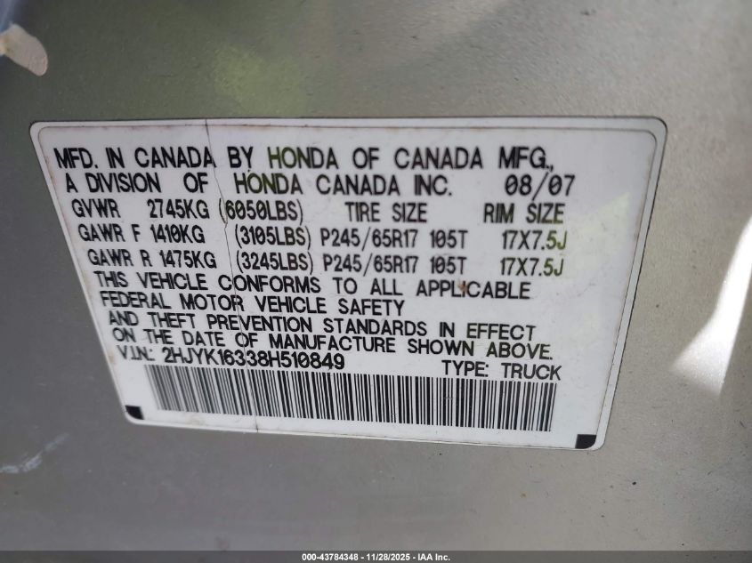 2008 Honda Ridgeline Rtx VIN: 2HJYK16338H510849 Lot: 43784348