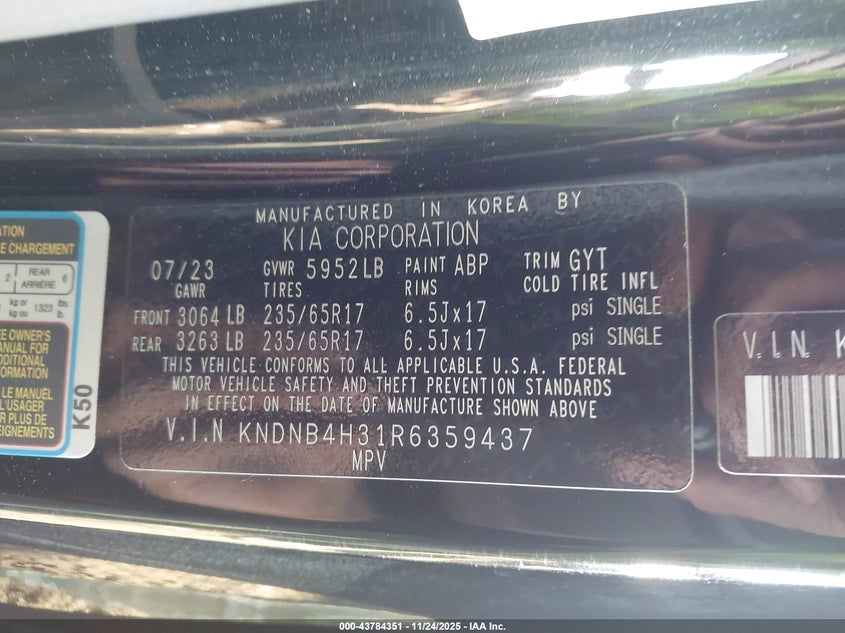 2024 Kia Carnival Mpv Lx Seat Package VIN: KNDNB4H31R6359437 Lot: 43784351