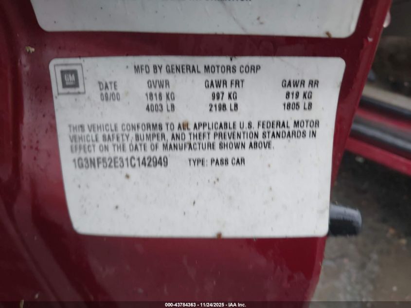 2001 Oldsmobile Alero Gls VIN: 1G3NF52E31C142949 Lot: 43784363