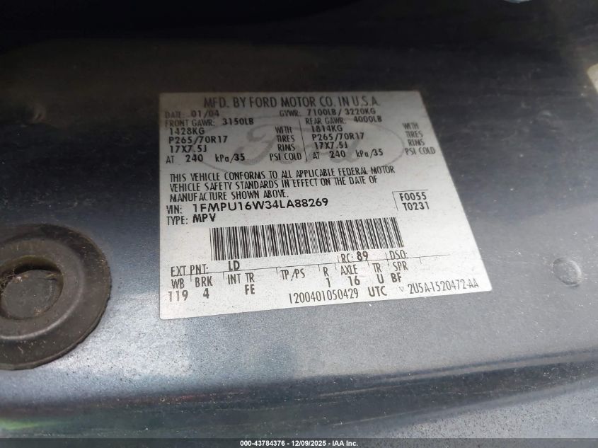 2004 Ford Expedition Xlt VIN: 1FMPU16W34LA88269 Lot: 43784376