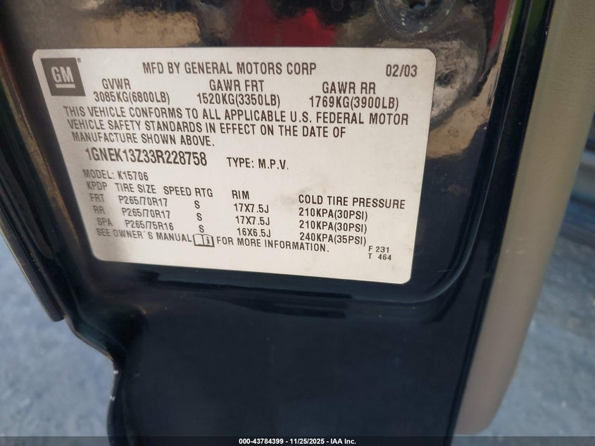 2003 Chevrolet Tahoe Z71 VIN: 1GNEK13Z33R228758 Lot: 43784399