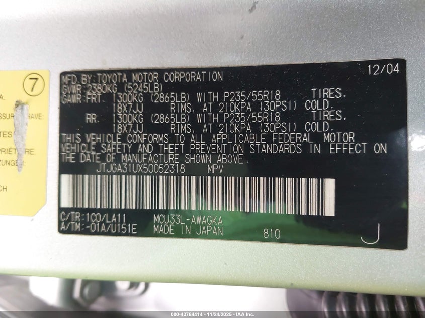 2005 Lexus Rx 330 VIN: JTJGA31UX50052318 Lot: 43784414