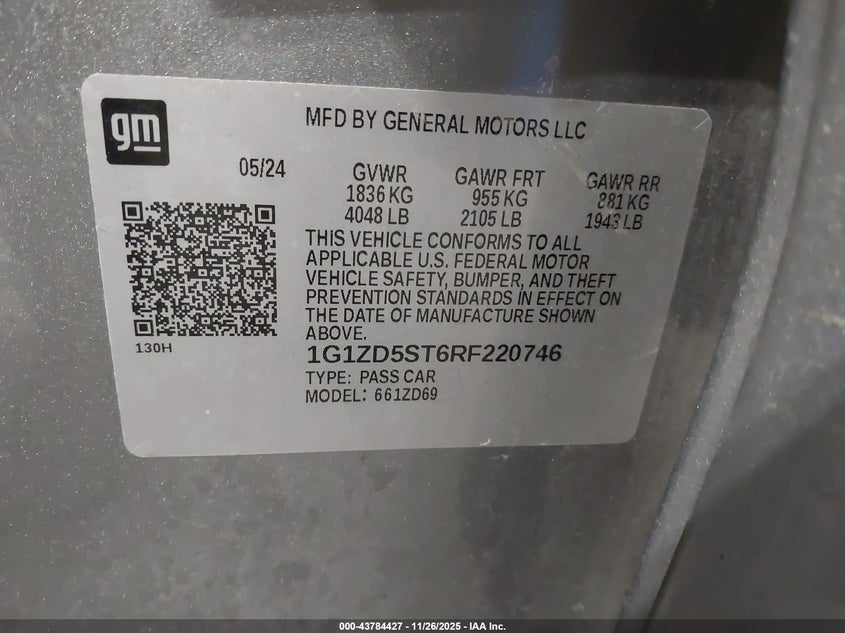 2024 Chevrolet Malibu Fwd 1Lt VIN: 1G1ZD5ST6RF220746 Lot: 43784427