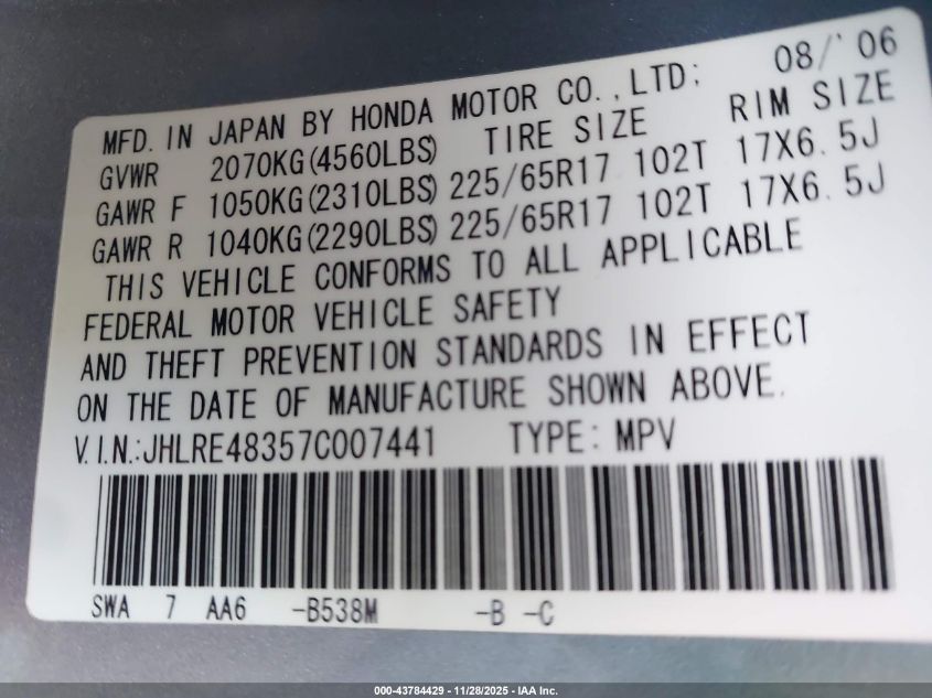 2007 Honda Cr-V Lx VIN: JHLRE48357C007441 Lot: 43784429
