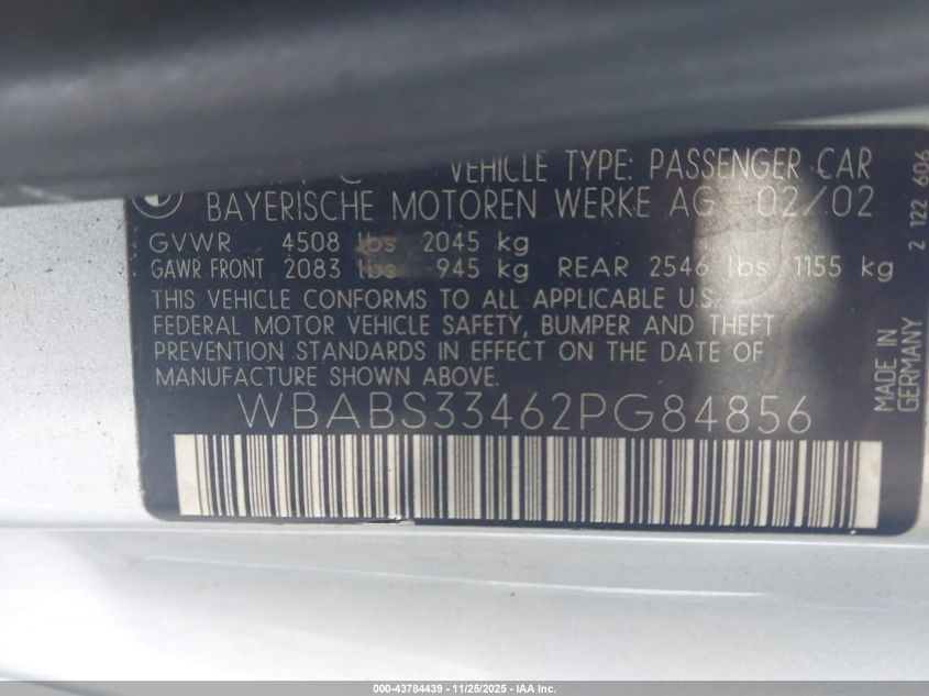 2002 BMW 325Ci VIN: WBABS33462PG84856 Lot: 43784439