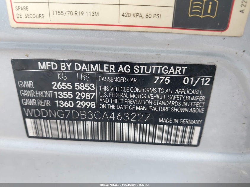 2012 Mercedes-Benz S 550 VIN: WDDNG7DB3CA463227 Lot: 43784445