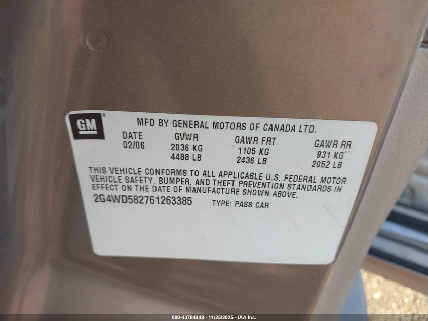 2006 Buick Lacrosse Cxl VIN: 2G4WD582761263385 Lot: 43784449