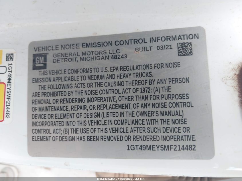2021 GMC Sierra 2500Hd 4Wd Standard Bed Sle VIN: 1GT49MEY5MF214482 Lot: 43784455