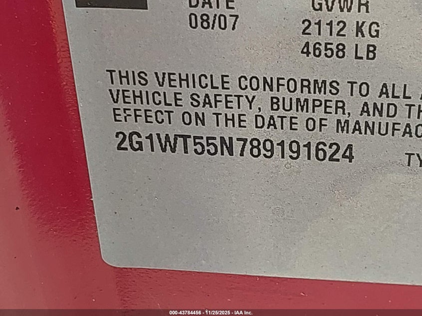 2008 Chevrolet Impala Lt VIN: 2G1WT55N789191624 Lot: 43784456