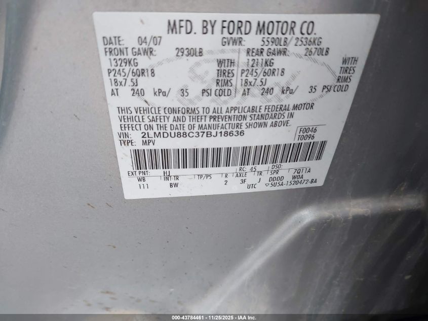 2007 Lincoln Mkx VIN: 2LMDU88C37BJ18636 Lot: 43784461