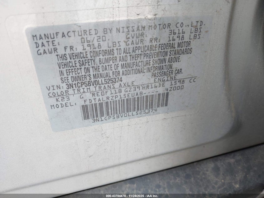 2020 Nissan Kicks S Xtronic Cvt VIN: 3N1CP5BV0LL525374 Lot: 43784478