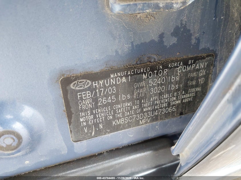 2003 Hyundai Santa Fe Gls/Lx VIN: KM8SC73D33U473066 Lot: 43784485