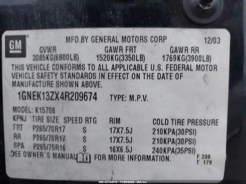 2004 Chevrolet Tahoe Z71 VIN: 1GNEK13ZX4R209674 Lot: 43784510