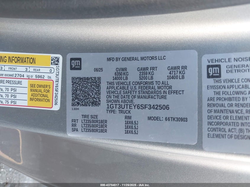 2025 GMC Sierra 3500Hd 4Wd Long Bed Sle VIN: 1GT3UTEY6SF342506 Lot: 43784517