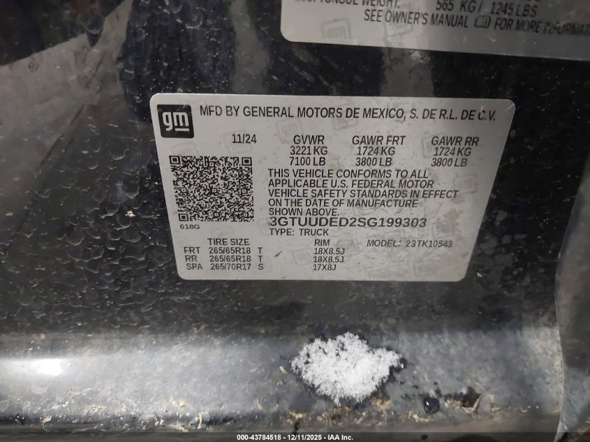 2025 GMC Sierra 1500 4Wd Short Box Slt VIN: 3GTUUDED2SG199303 Lot: 43784518