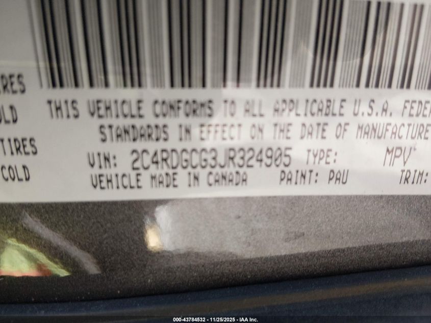 2018 Dodge Grand Caravan Sxt VIN: 2C4RDGCG3JR324905 Lot: 43784532