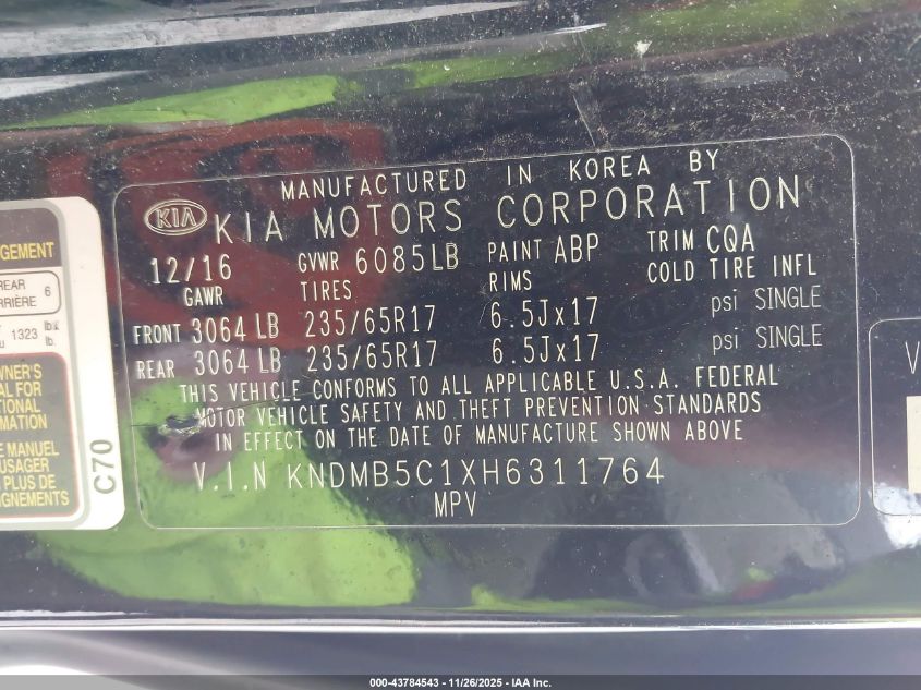 2017 Kia Sedona Lx VIN: KNDMB5C1XH6311764 Lot: 43784543