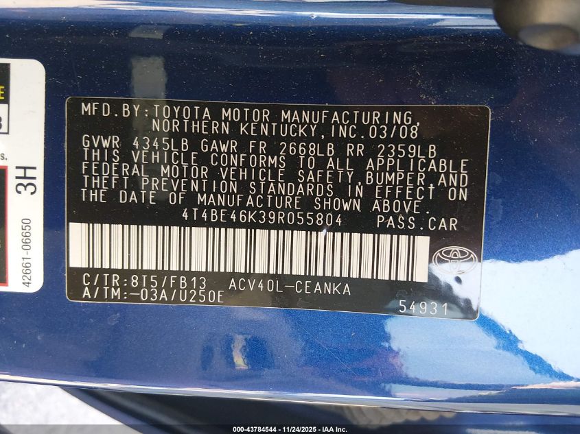 2009 Toyota Camry Le VIN: 4T4BE46K39R055804 Lot: 43784544