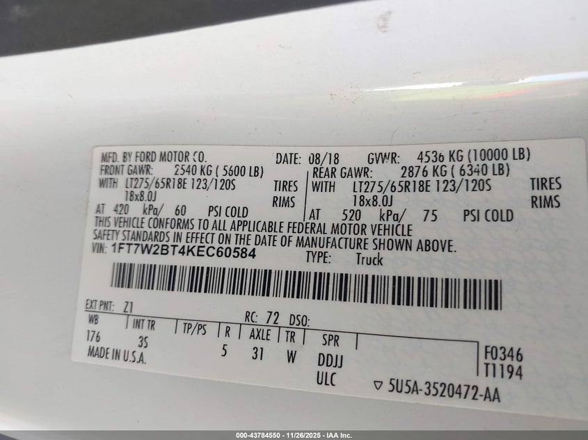 2019 Ford F-250 Xlt VIN: 1FT7W2BT4KEC60584 Lot: 43784550