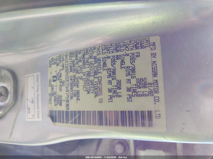 2002 Nissan Xterra Xe VIN: 5N1ED28Y22C547980 Lot: 43784555