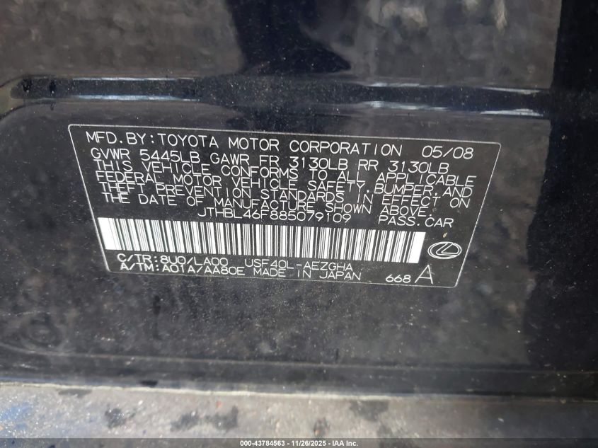 2008 Lexus Ls 460 VIN: JTHBL46F885079109 Lot: 43784563