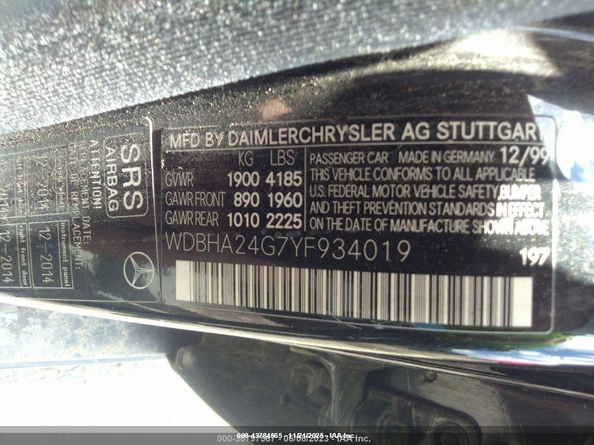 2000 Mercedes-Benz C 230 Kompressor VIN: WDBHA24G7YF934019 Lot: 43784565