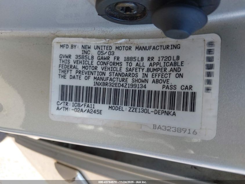 2004 Toyota Corolla Le VIN: 1NXBR32E04Z199134 Lot: 43784570