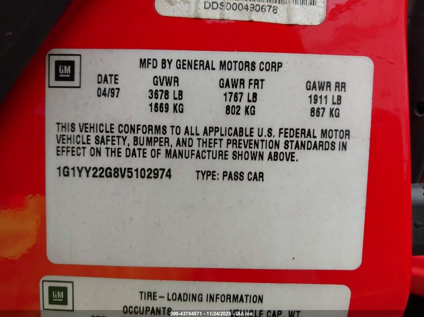 1997 Chevrolet Corvette VIN: 1G1YY22G8V5102974 Lot: 43784571