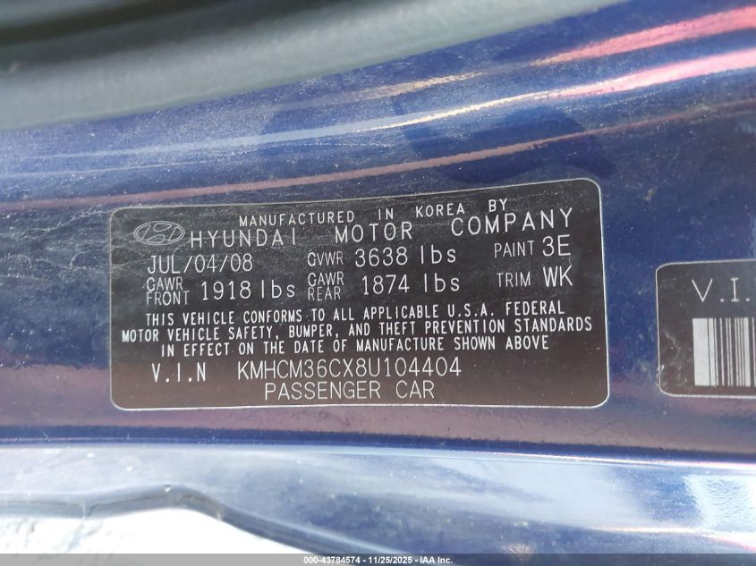 2008 Hyundai Accent Gs VIN: KMHCM36CX8U104404 Lot: 43784574
