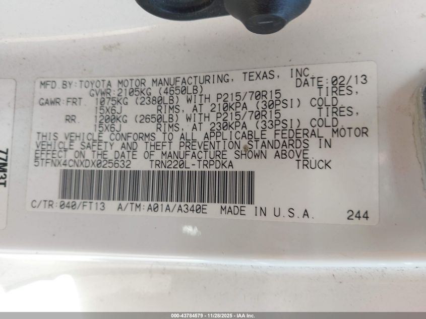 2013 Toyota Tacoma VIN: 5TFNX4CNXDX025632 Lot: 43784579