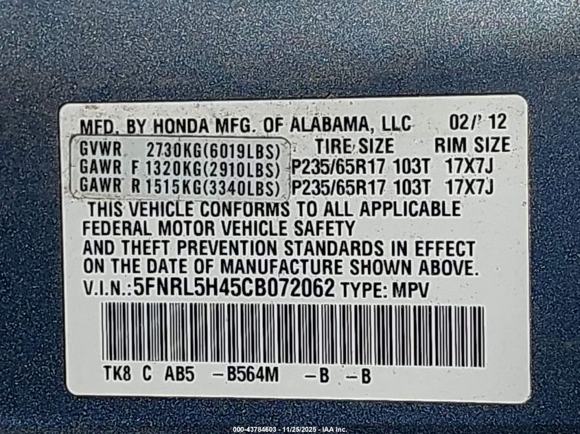 2012 Honda Odyssey Ex VIN: 5FNRL5H45CB072062 Lot: 43784603