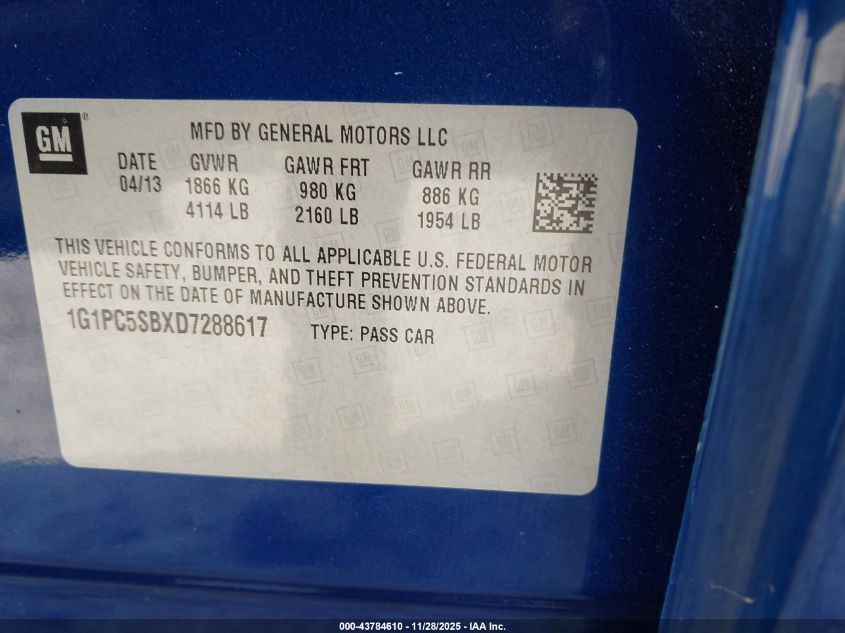 2013 Chevrolet Cruze 1Lt Auto VIN: 1G1PC5SBXD7288617 Lot: 43784610