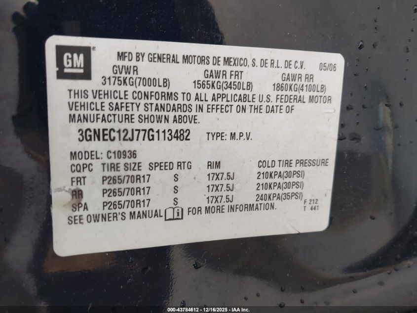 2007 Chevrolet Avalanche 1500 Lt VIN: 3GNEC12J77G113482 Lot: 43784612